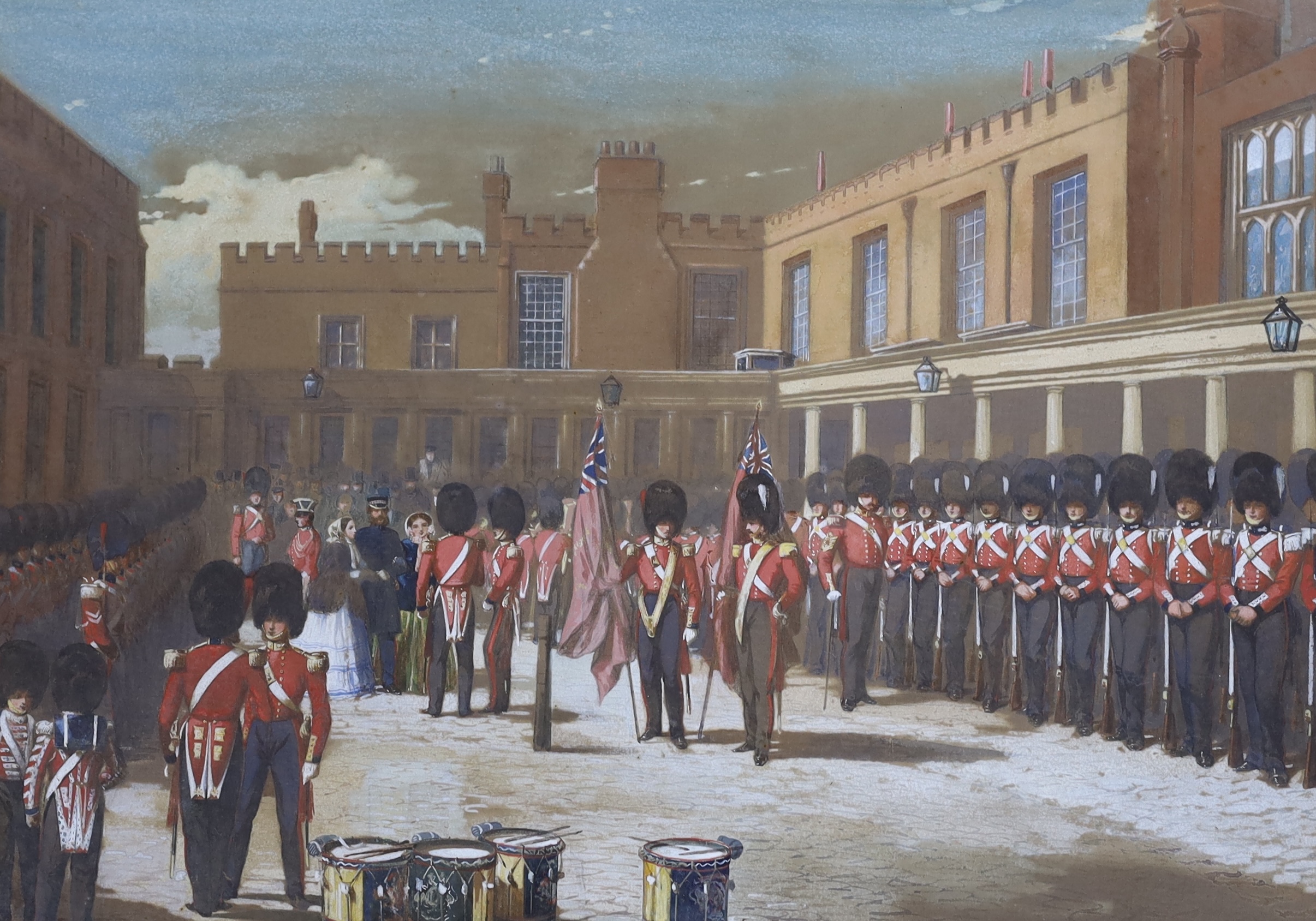 Alfred Frank de Prades (British, fl. 1844-1883), watercolour, ‘’Changing Court, St. James’ Palace, Changing the Guard’’, signed, 37 x 53cm